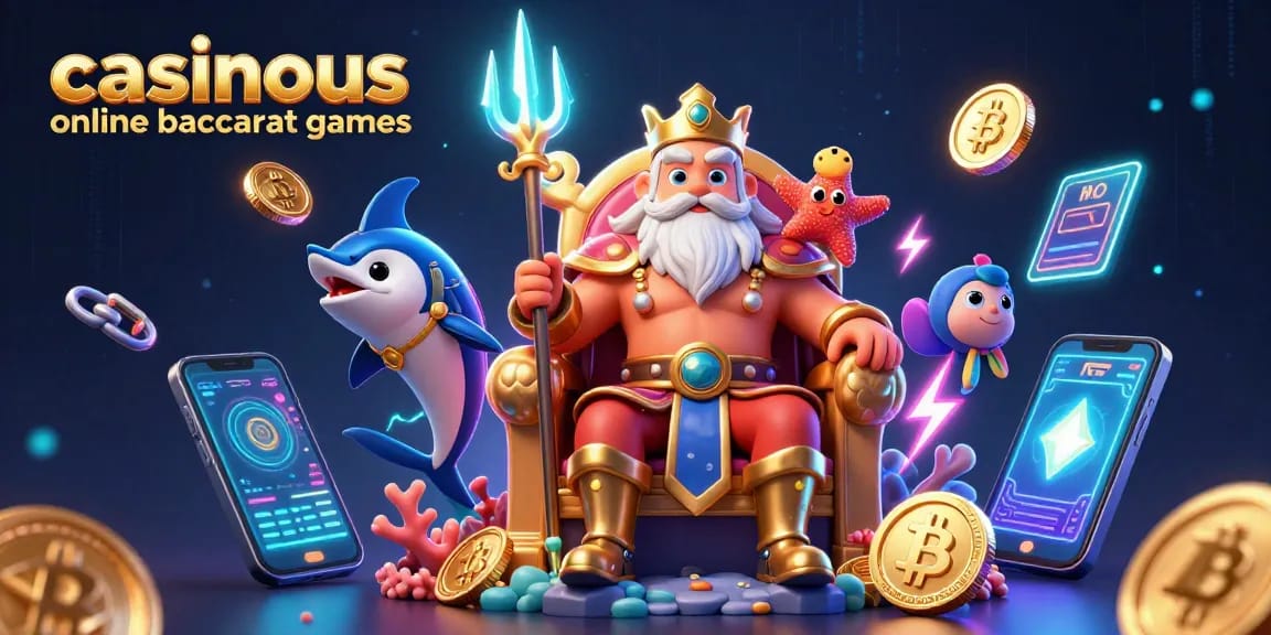 Join the excitement of casinous online baccarat games with Neptune and his samurai, surrounded by crypto elements.