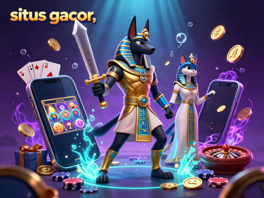 Engage with situs gacor gaming excitement featuring Anubis and Bastet in a packed casino scene.