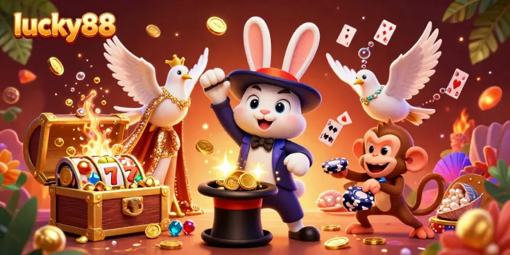 Experience the thrill of lucky88 with a magician rabbit, golden coins, and a vibrantly decorated casino scene.