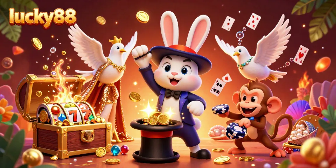 Experience the thrill of lucky88 with a magician rabbit, golden coins, and a vibrantly decorated casino scene.