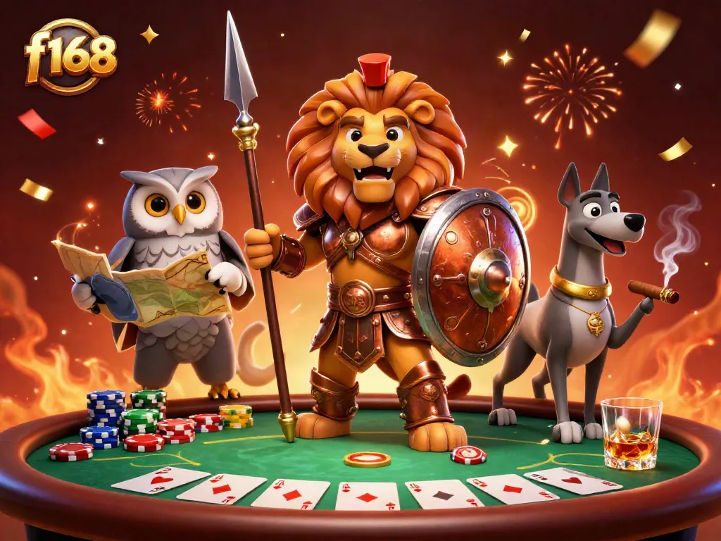 Experience the excitement at f168 with a vibrant casino scene showcasing poker elements and animated characters.