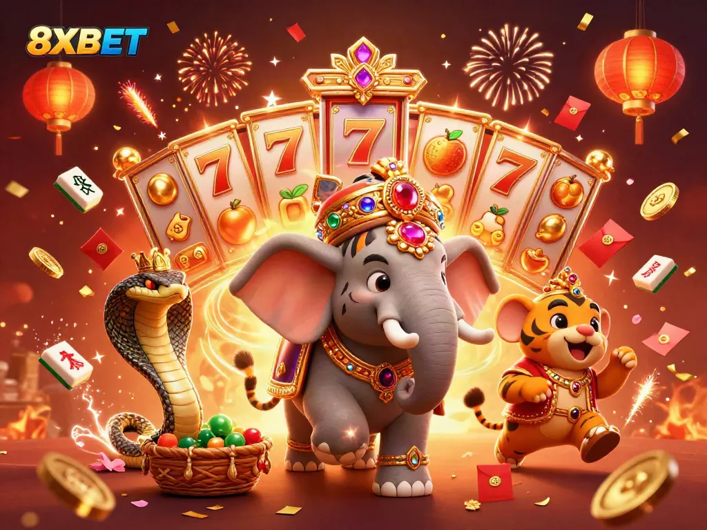 Experience thrilling action with 8XBET's vibrant casino adventure featuring a 3D tiger, elephant, and exploding jackpot elements.
