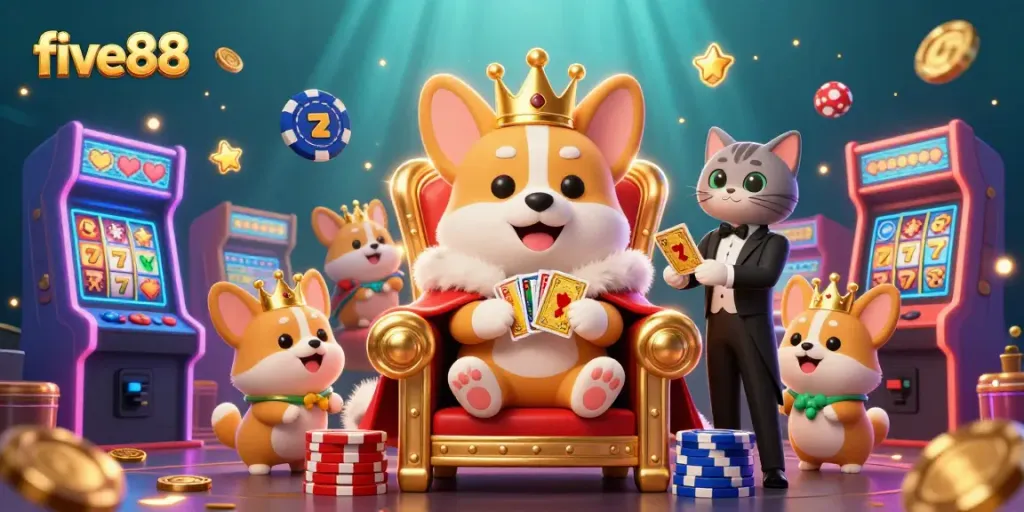 Experience the vibrant slots adventure at five88 with animated corgis and dazzling jackpots.