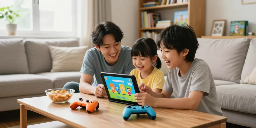 Family enjoying offline games together at https://rokok88-id.com, highlighting education and entertainment.