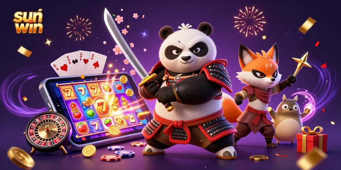 Experience the thrill with sun win as a samurai panda showcases strategy in an energetic casino scene.
