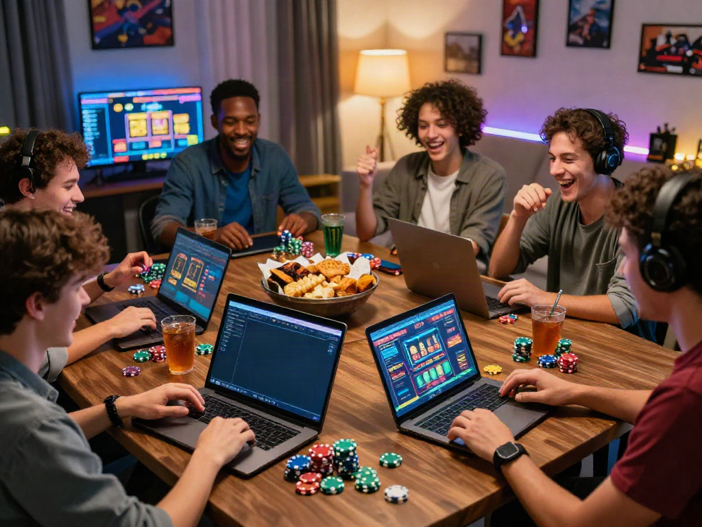 Friends enjoying a gaming night at credit card casinos with laptops and colorful chips.