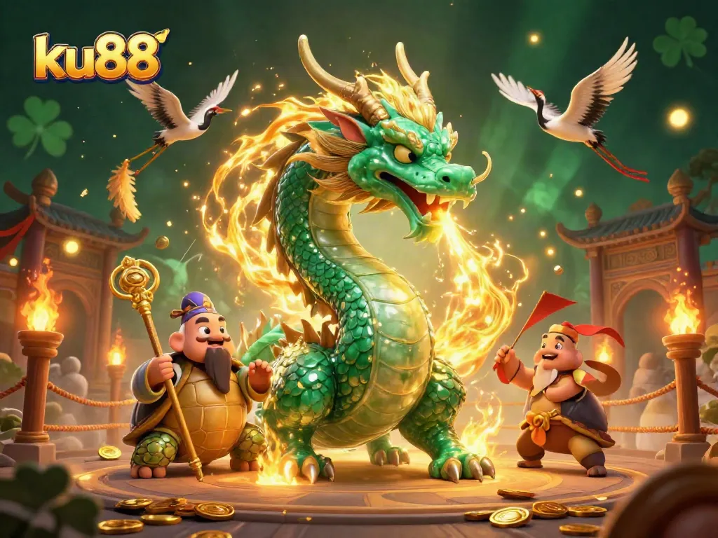 Immerse in the saga of ku88 with an emerald jade dragon and captivating casino elements, showcasing thrilling gameplay.