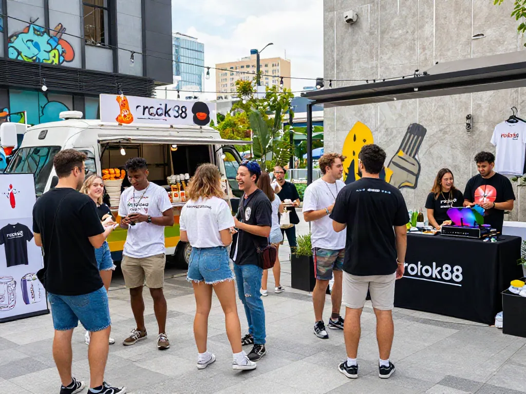 Youthful gathering enjoying rokok88 merchandise in a vibrant urban setting