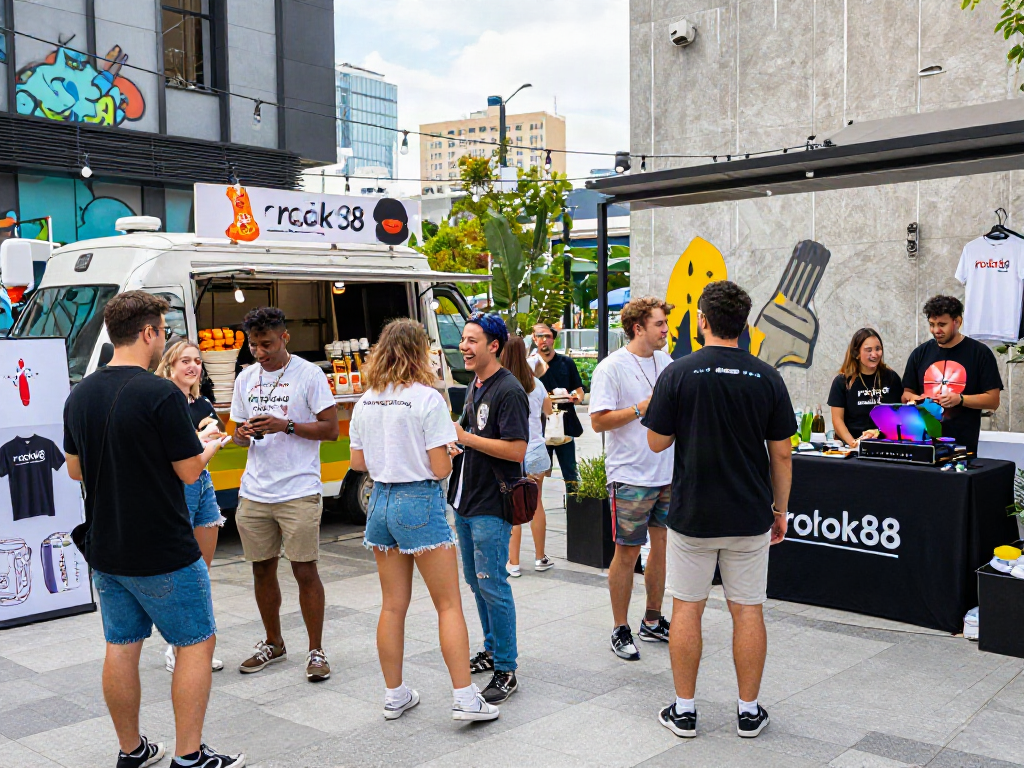 Youthful gathering enjoying rokok88 merchandise in a vibrant urban setting