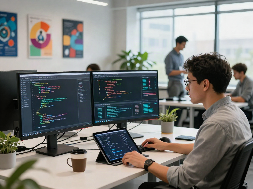 Data scientist analyzing crushonai algorithms in a modern office.