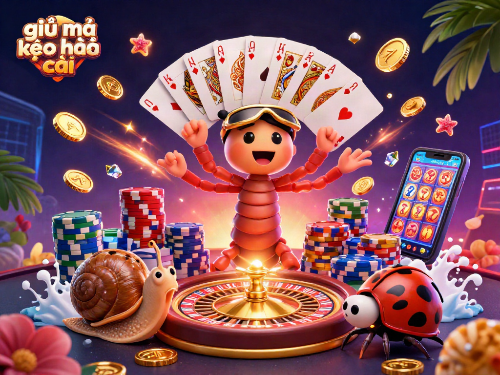 Engaging scene showing giải mã kèo nhà cái with a playful millipede dealer, high roller snail, and lively pill bug.