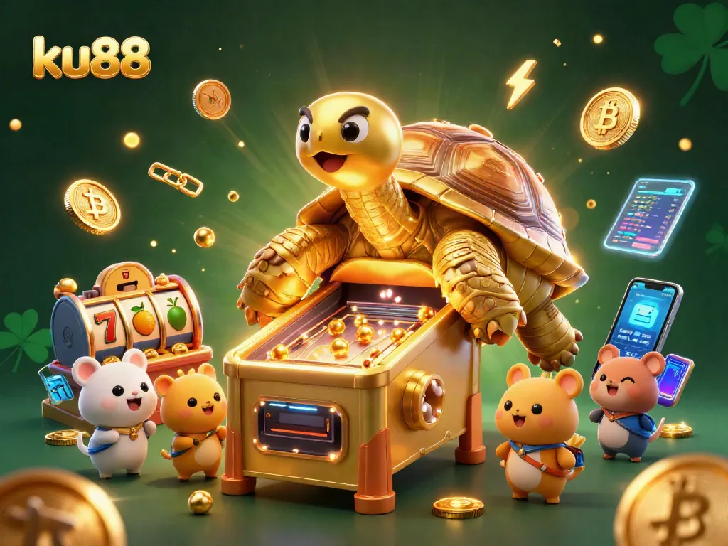 ku88 showcases thrilling slot actions with a colossal tortoise pinball machine and vibrant coins