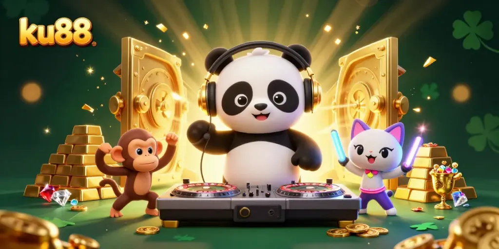 ku88 showcases a lively casino scene with DJ panda, dancing monkey, and glowing kitten surrounded by gems and gold