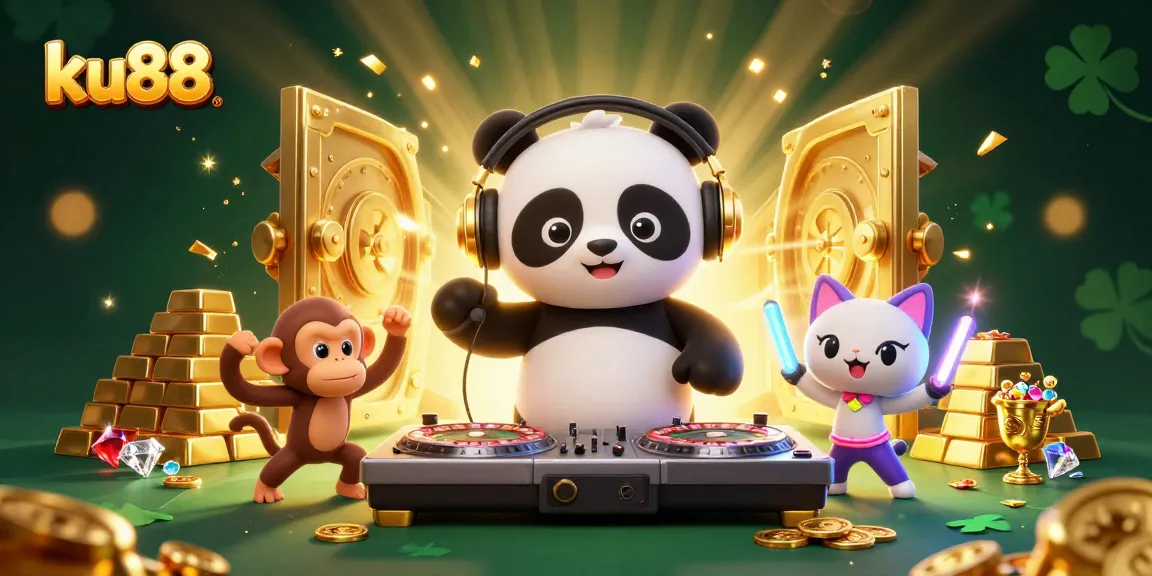 ku88 showcases a lively casino scene with DJ panda, dancing monkey, and glowing kitten surrounded by gems and gold