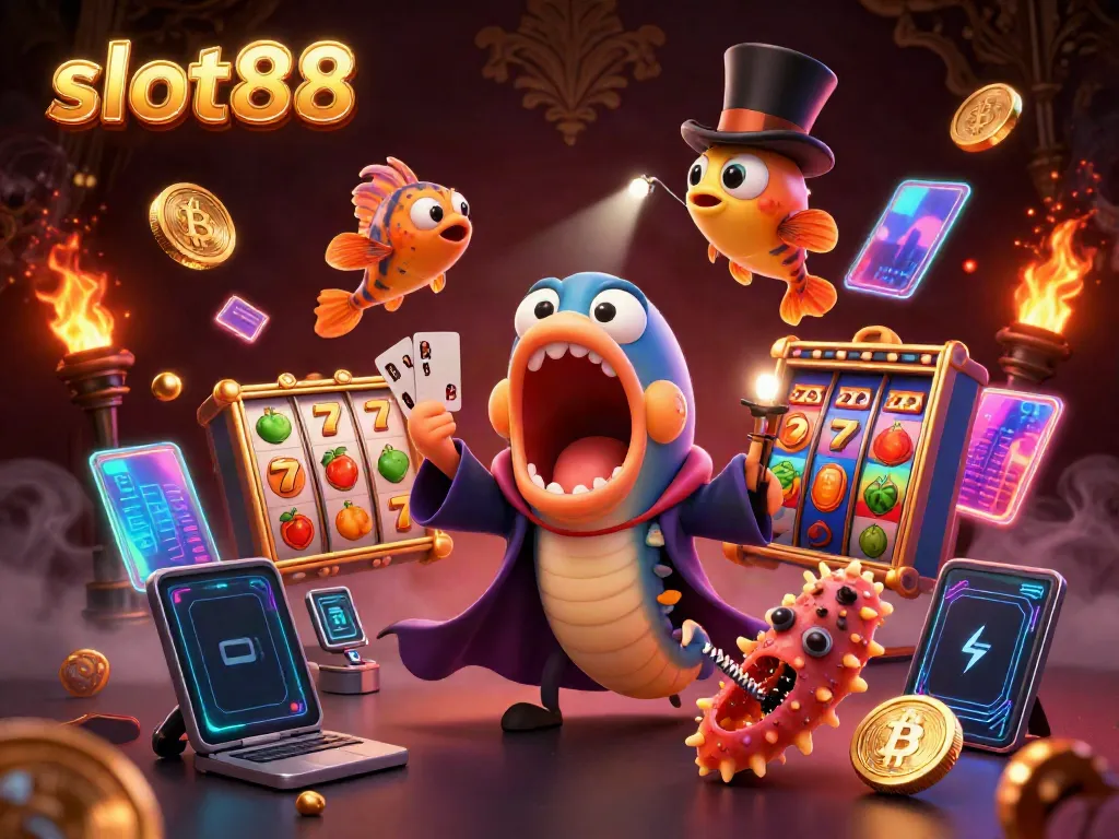 Win big with slot88 slots in this dynamic and colorful magic-themed casino illustration.