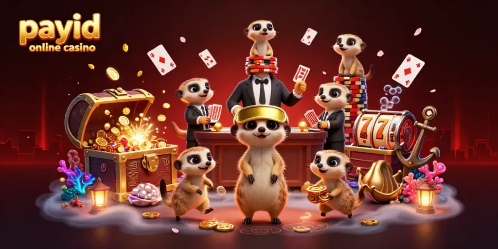 Experience the thrill at a payid online casino with meerkats running a vibrant gaming scene filled with fun.