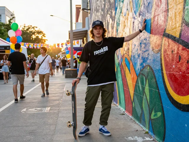Youthful fashion enthusiast wearing rokok88 apparel poses against a colorful street mural during a vibrant event.