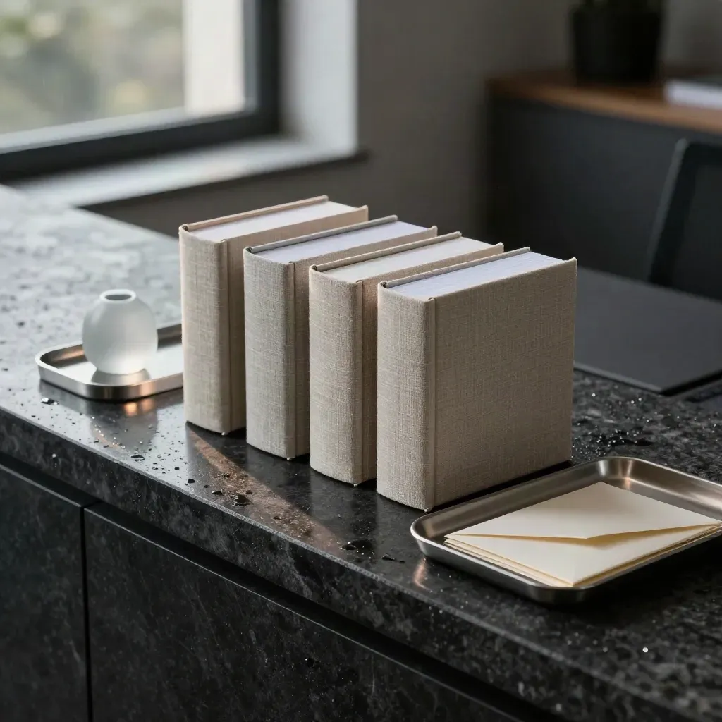 Blank tax client volumes and envelopes on a wet stone ledge in dramatic office light.