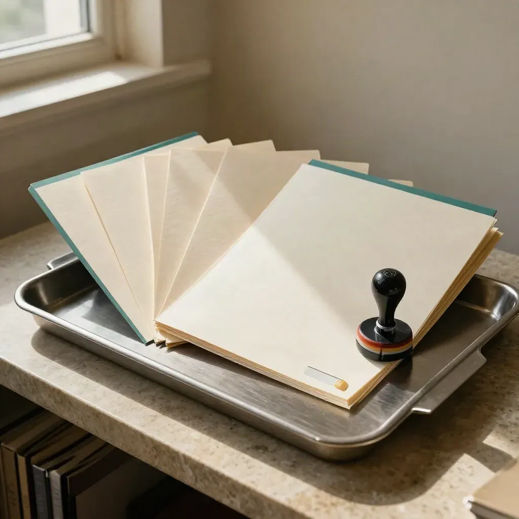 Four blank registration folders in a steel tray with a rubber stamp and pale clip, top-down.