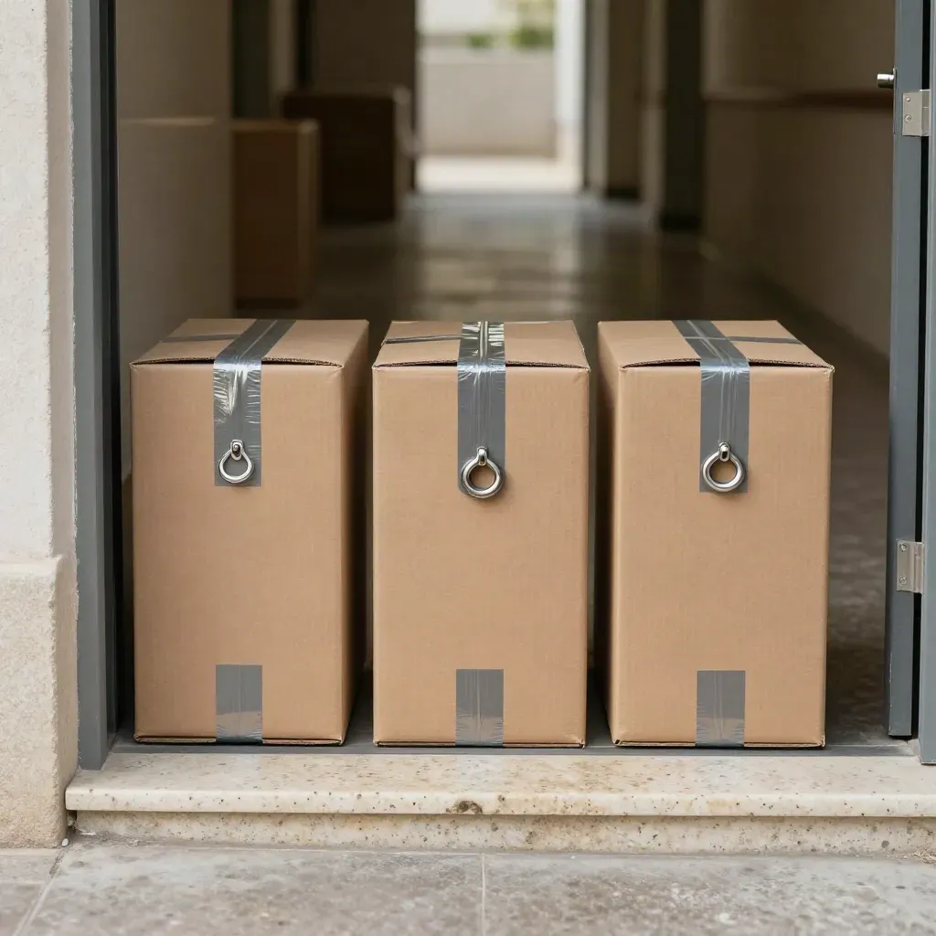 Sealed cartons crossing a stone threshold beside a transit hook and seal block