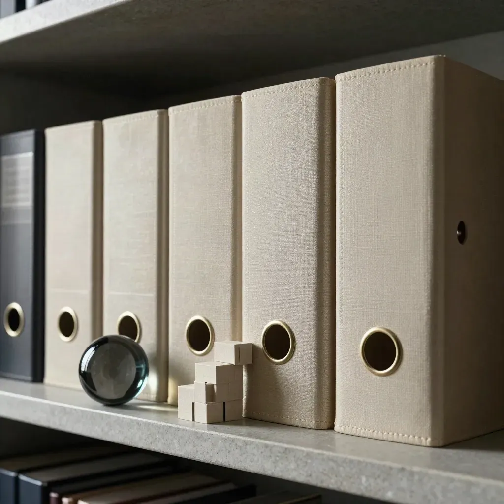 Archival binders, brass divider, glass paperweight and cube model on a stone shelf.