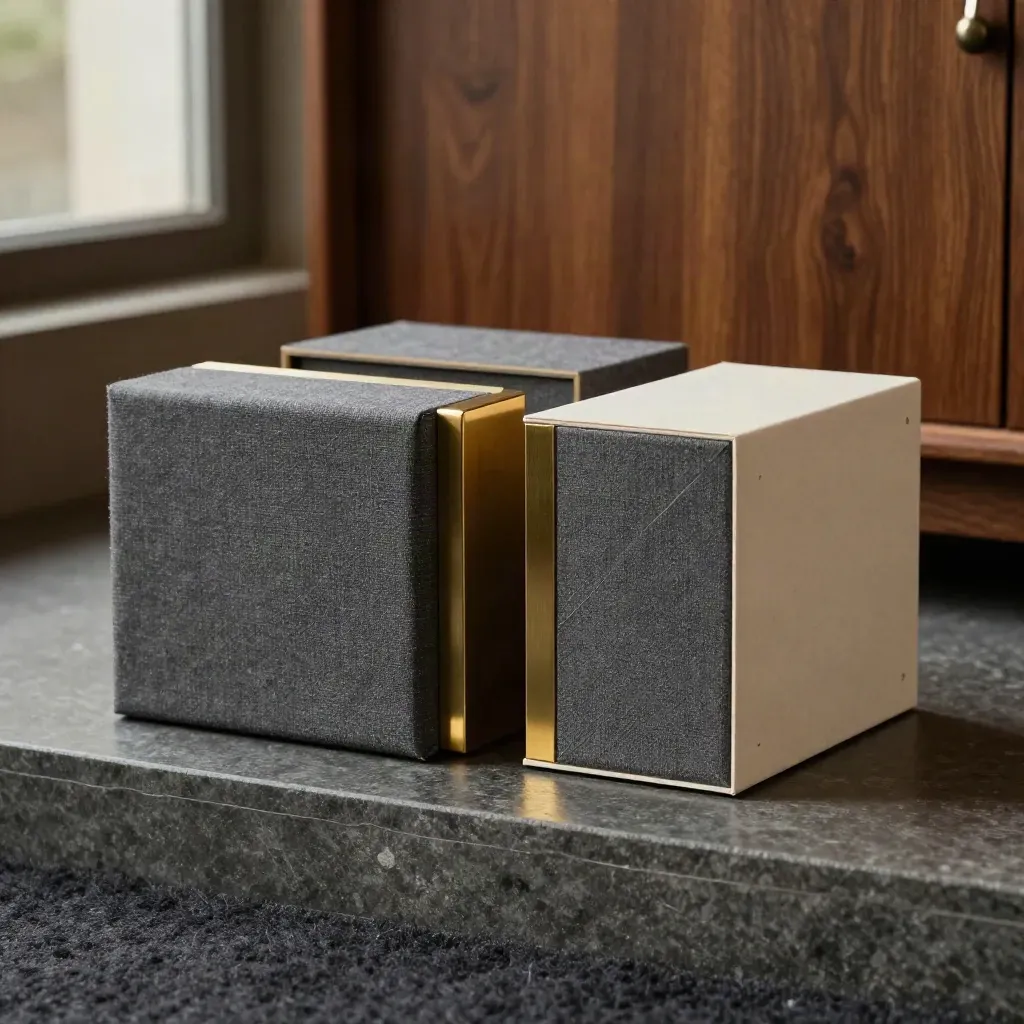 Three archival proof boxes on slate stone with brass spacers in a dim vault