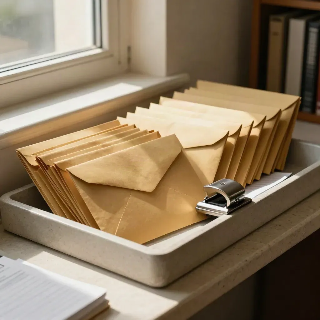 Sealed payroll envelopes, metal punch block, and ledger tray on pale stone in warm window light.