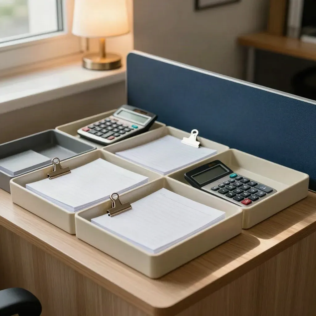 Ledger trays, receipt clips and a face-down calculator in a warm bookkeeping corner.