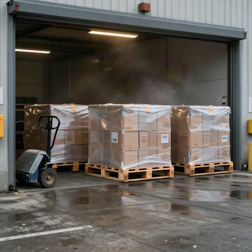 Three sealed pallets in a wet loading bay beside a parked hand truck, mist and warm dock light.