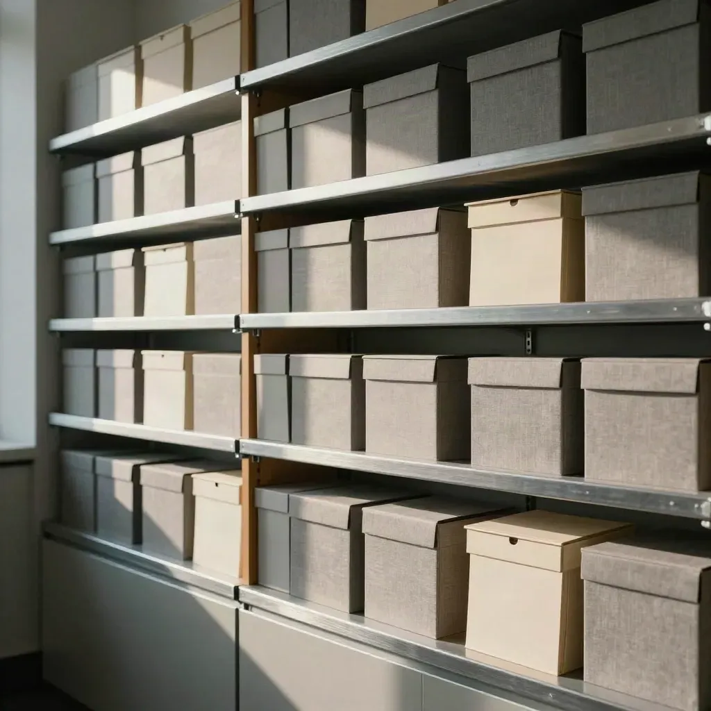 Archive wall of matched proof boxes on a steel shelf in a modern office corner.