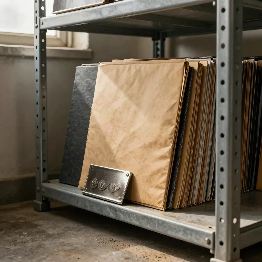 Industrial payroll archive shelf with sealed wage envelopes and a metal badge tray in factory haze.