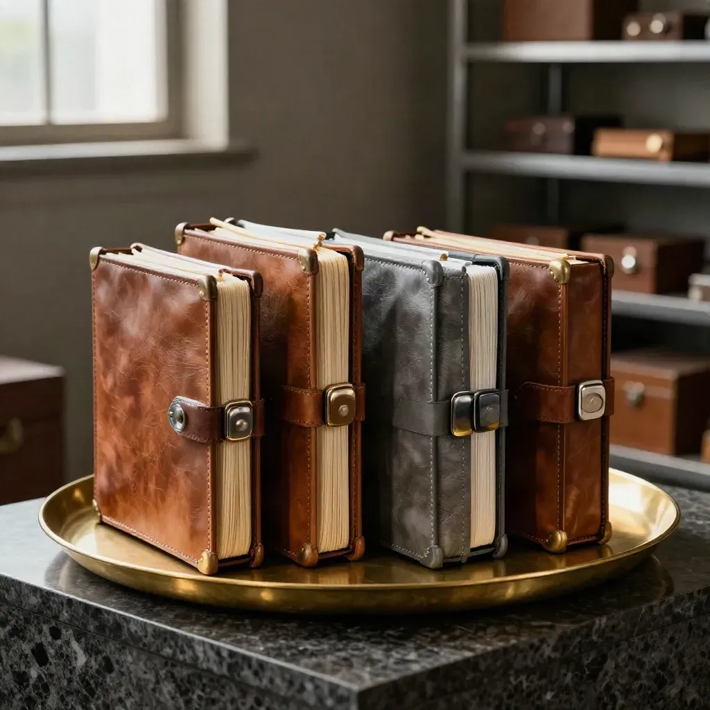 Four umber file cases around a brass tray in a dim archive vault, lit by warm window light.