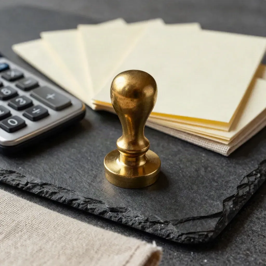 Brass seal, face-down calculator, cream cards and linen blotter on dark stone
