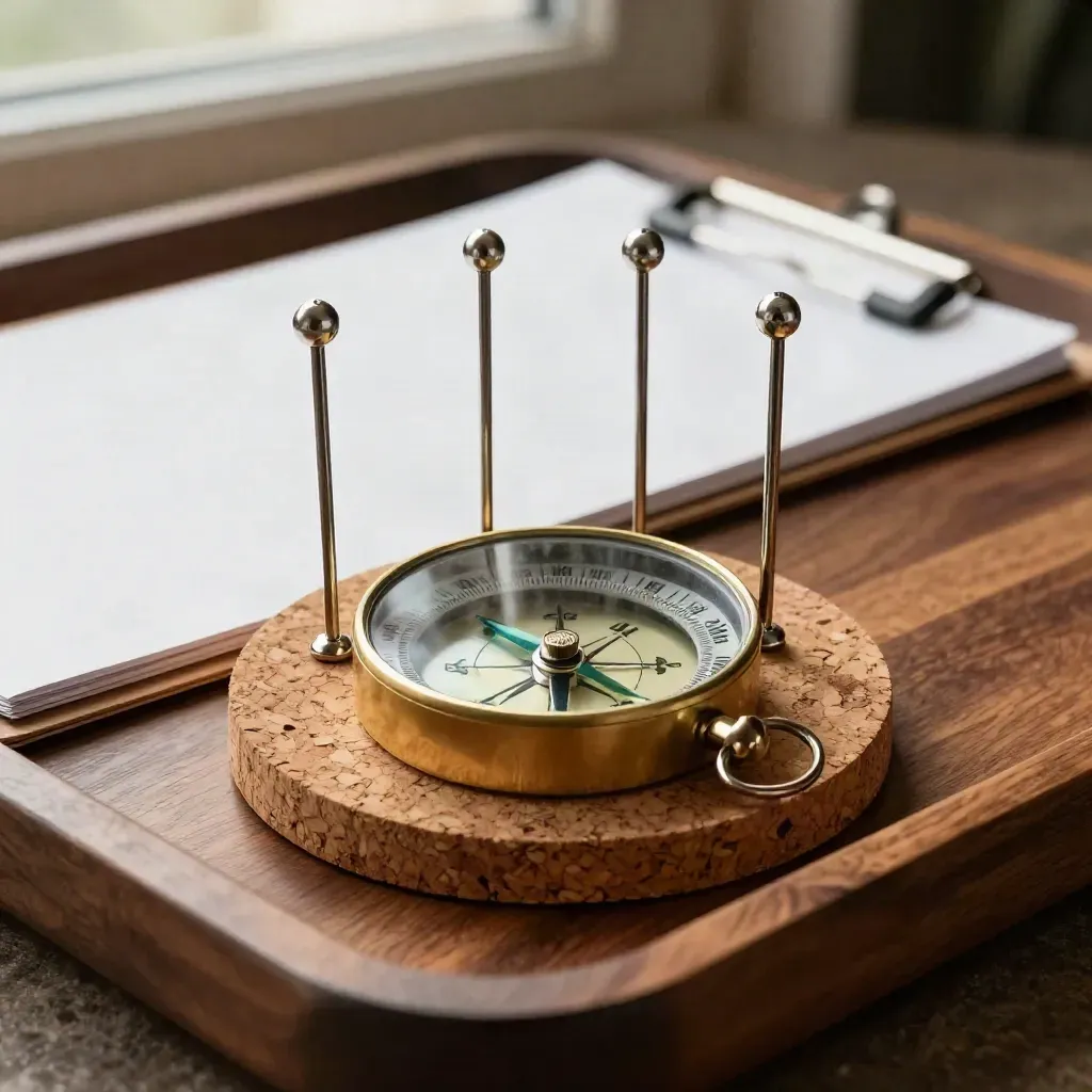 Brass compass, country pins and cork block in dramatic low-light still life