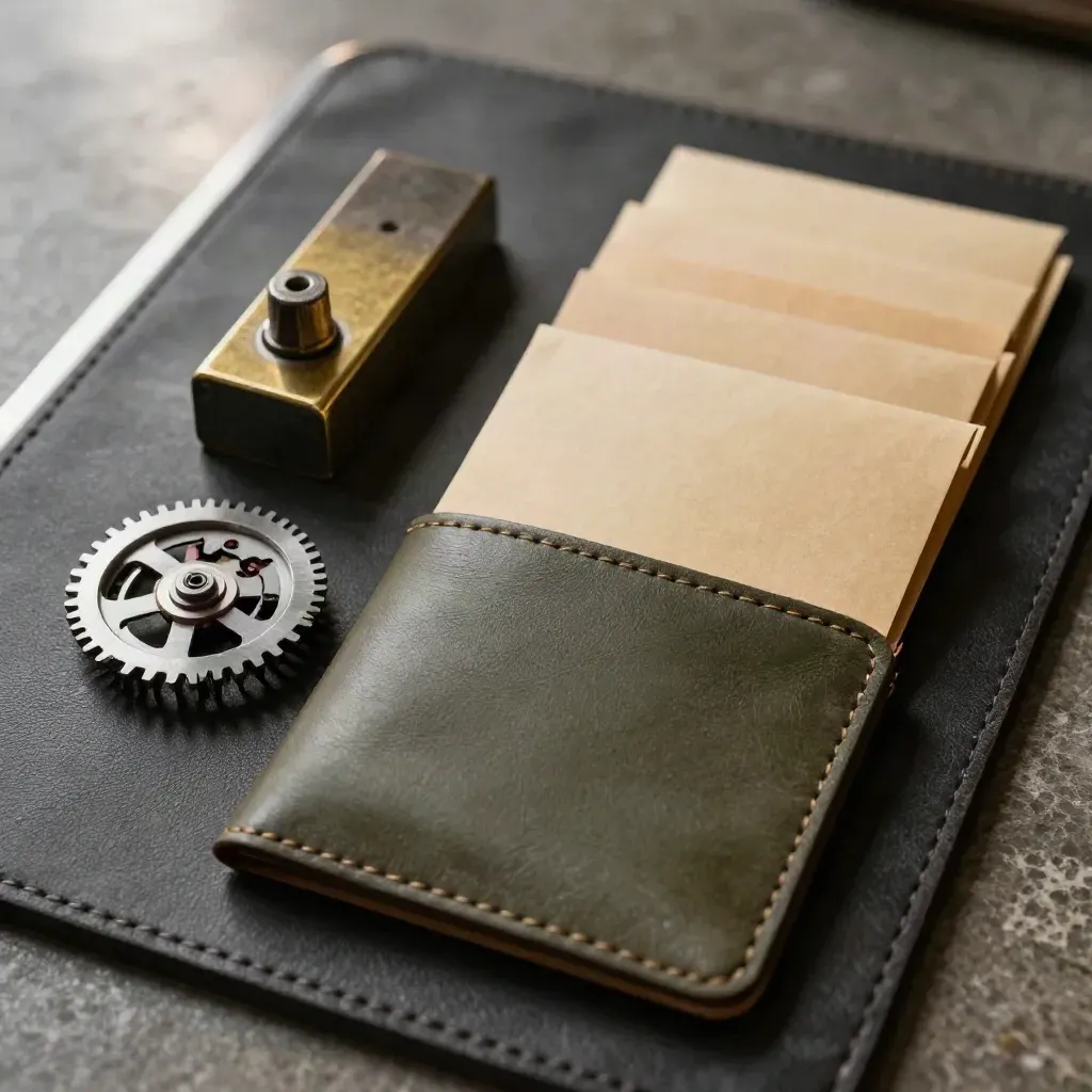 Overhead payroll tools: time wheel, punch block, and leather-sleeved pay envelopes on a dark surface.