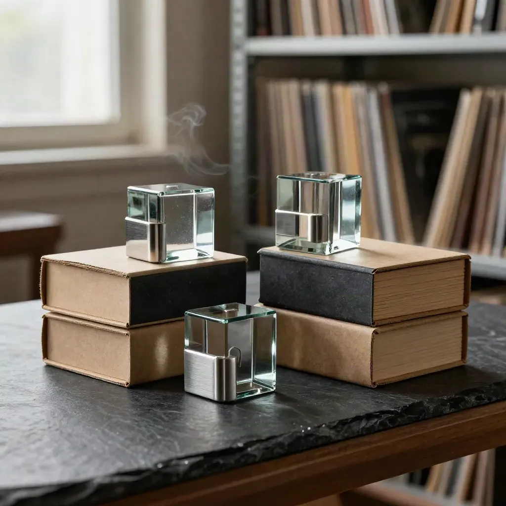 Glass weights and steel spacers balancing archival boxes in a dramatic tax advisory still life.