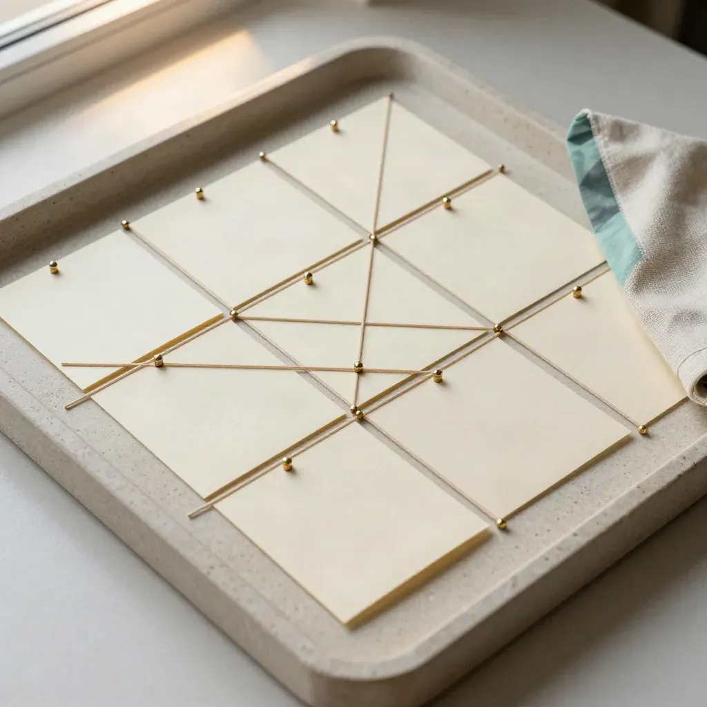 Top-down tray of blank cards, brass pins, elastic bands, and a folded cloth on stone.