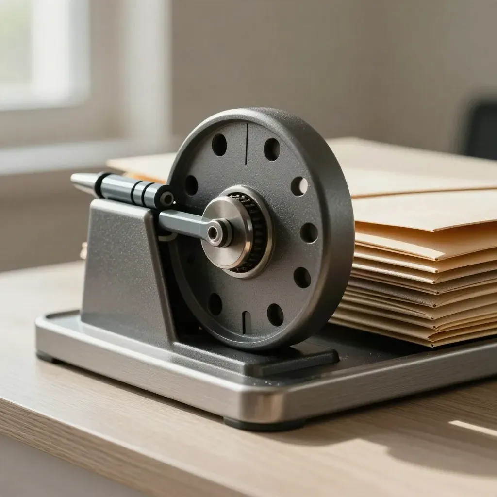 Mechanical date wheel, clipped markers and envelope stack on a pale wood tray
