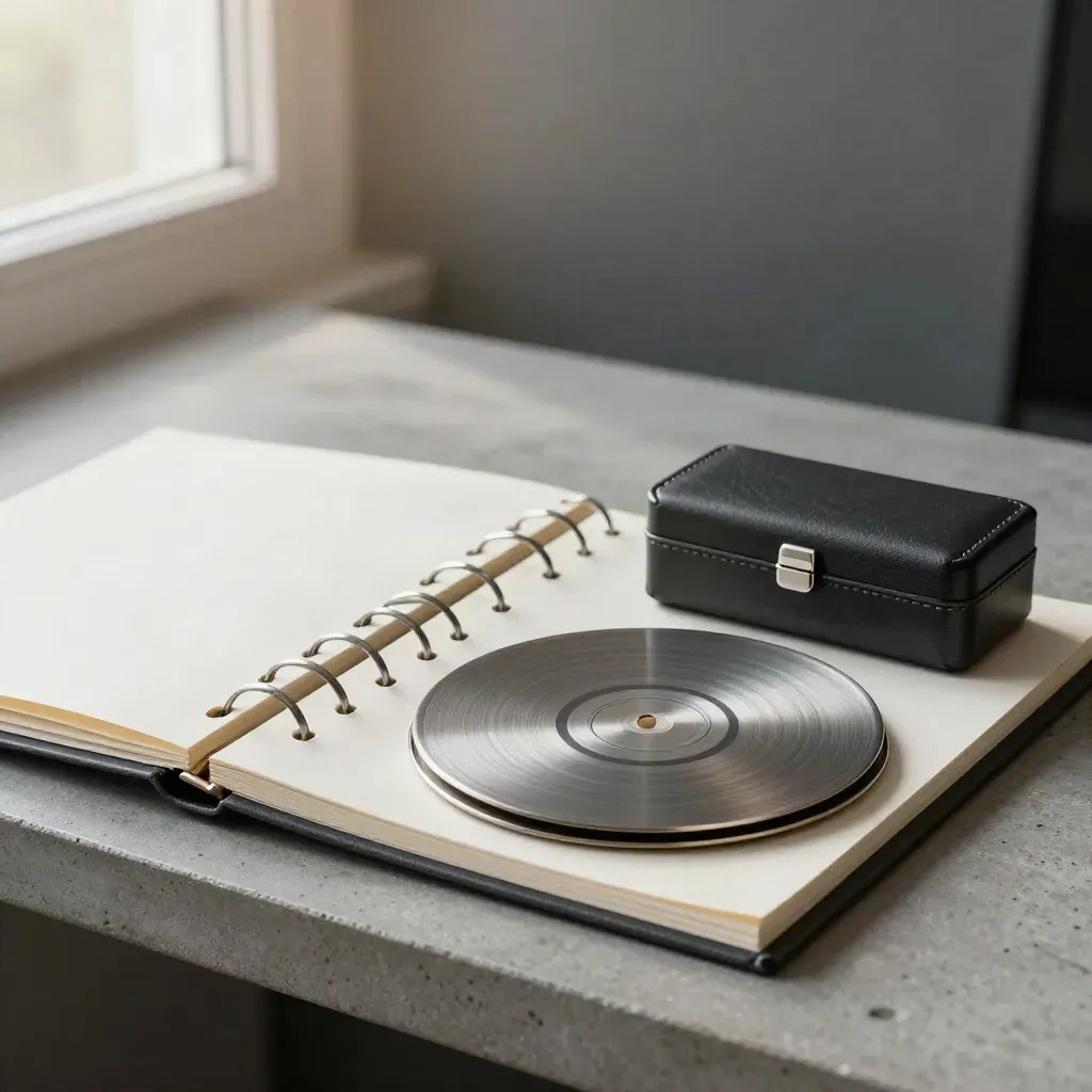Overhead still life of binder, quarterly discs and a watchmaker-style case on cool stone.