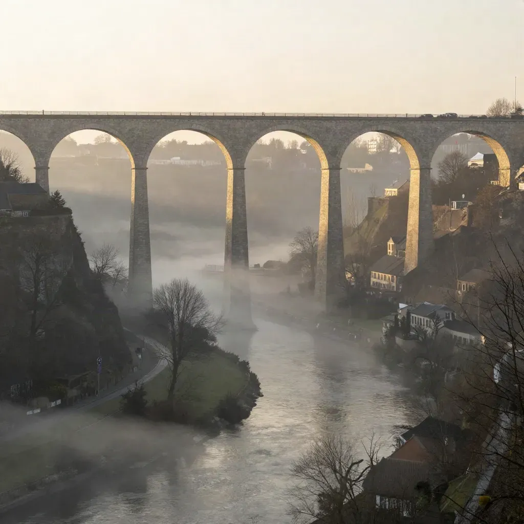 Luxembourg City viaduct in dawn fog above a calm river valley, wide and airy.