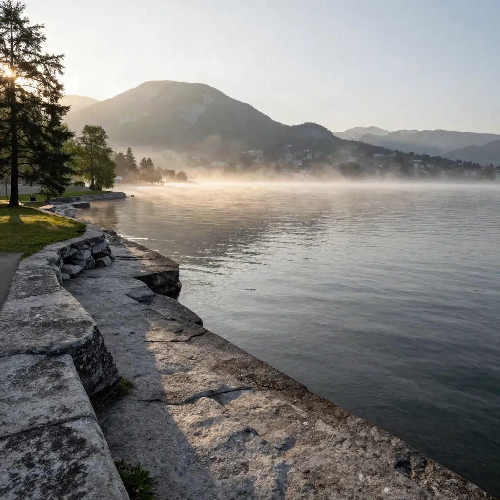 Zurich lakefront with misty water, stone shoreline, and distant Alps at sunrise