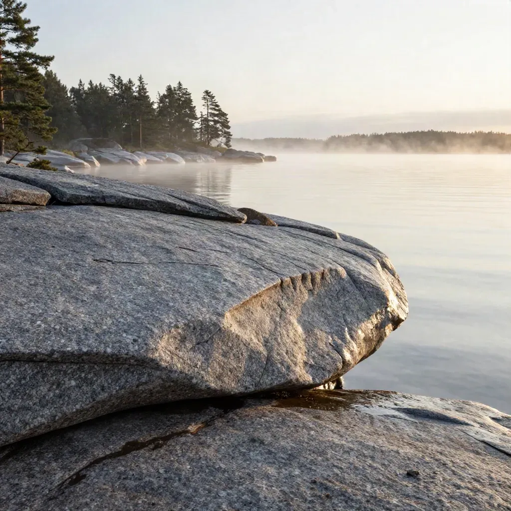Misty granite shoreline and pine edge at Stockholm in calm silver light
