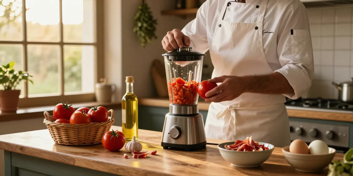 Discover the best salmorejo near me, featuring a chef making traditional salmorejo in a warm kitchen.