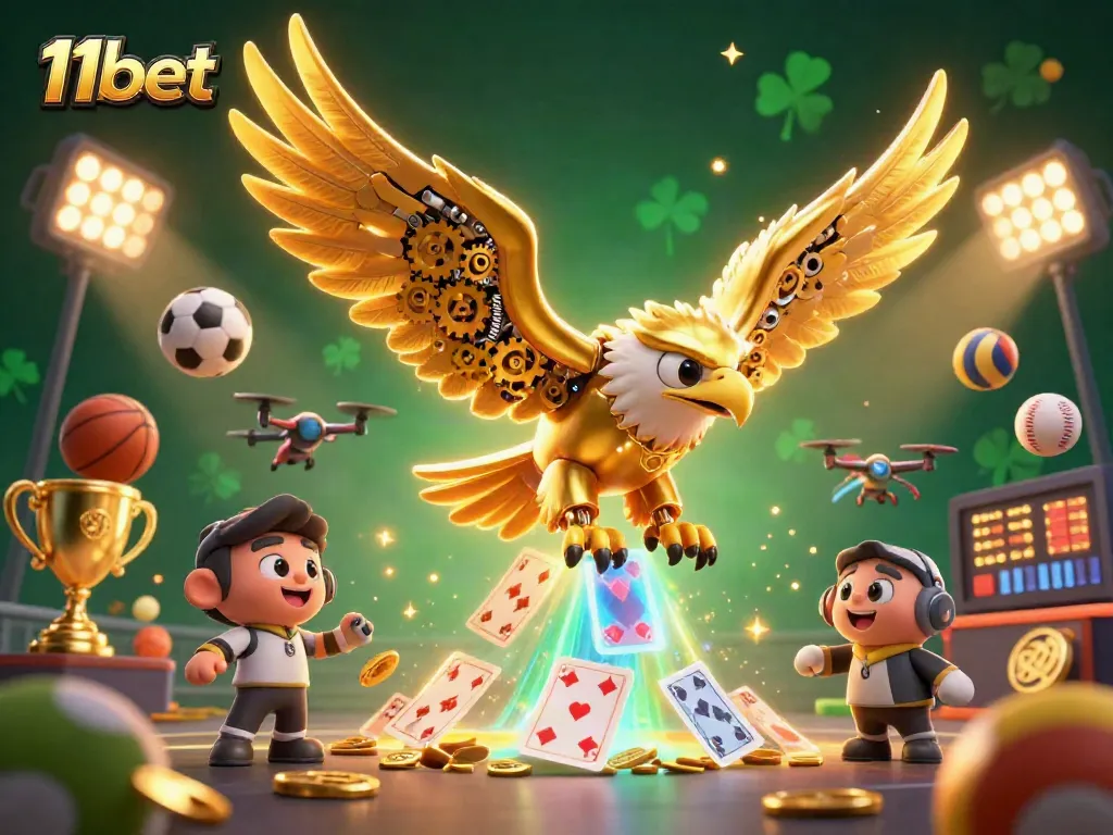 Engage with 11bet's thrilling online games featuring a cybernetic eagle and dynamic sports elements.