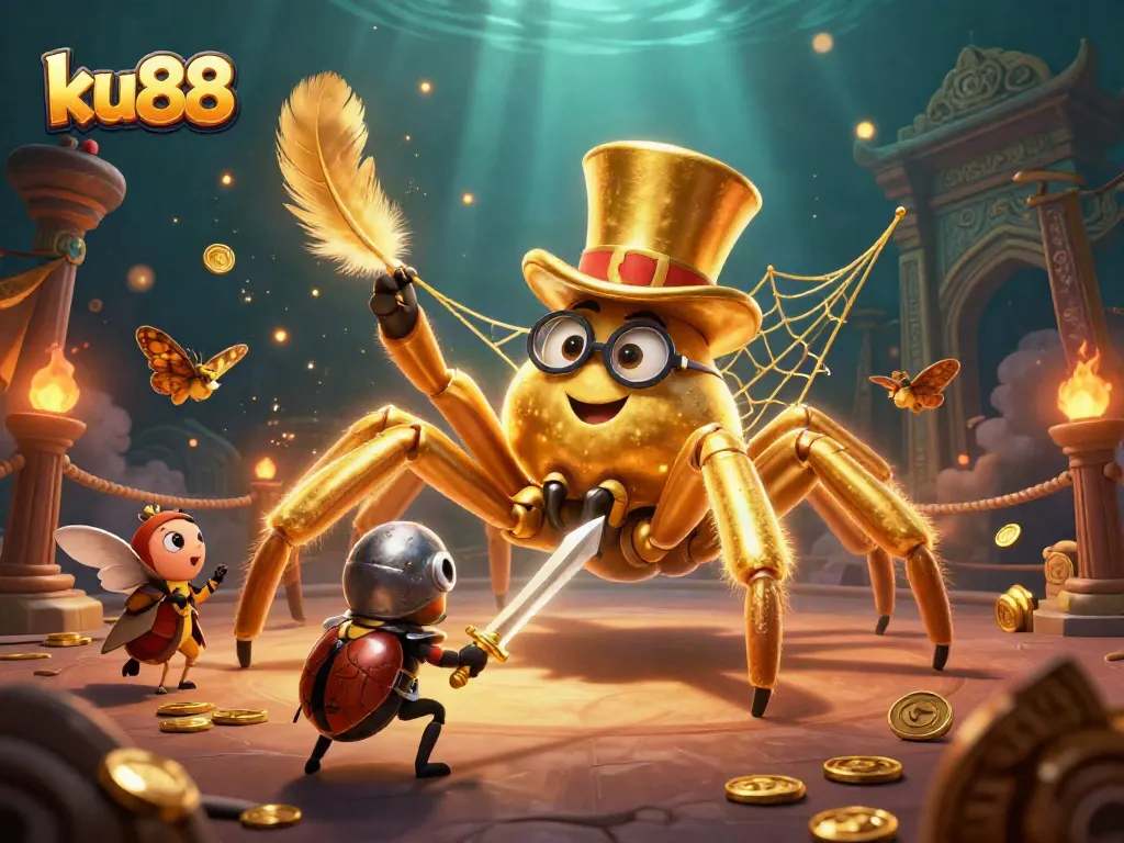 Experience thrilling adventures at ku88 with a brave beetle knight and a golden tarantula in a vibrant casino setting.