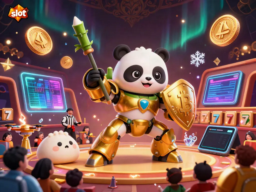 Experience thrilling slot action with a cartoon mech-suit panda in an exciting casino arena.