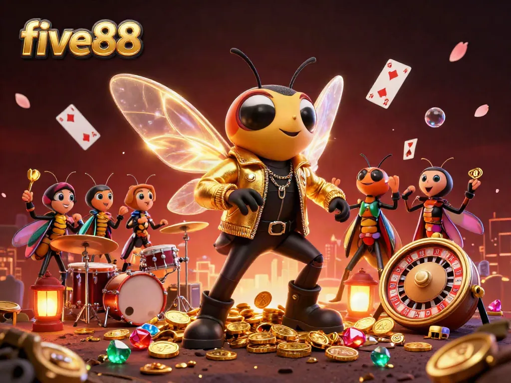 Experience the excitement of five88 casino with a vibrant scene showcasing a rock star cicada and dynamic game elements.