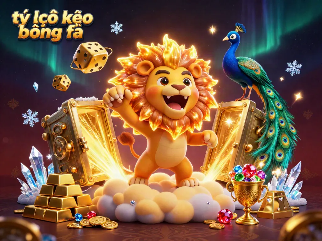 Experience the excitement of tỷ lệ kèo bóng đá with a vibrant 3D scene featuring golden dice and a roaring sun lion.