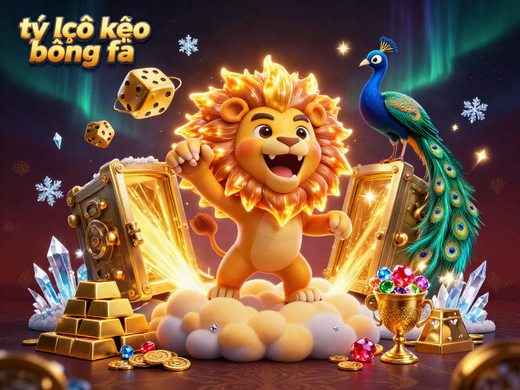 Experience the excitement of tỷ lệ kèo bóng đá with a vibrant 3D scene featuring golden dice and a roaring sun lion.