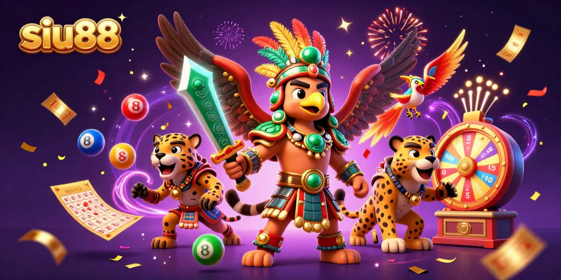 Siu88 offers a dynamic lottery experience with characters and vibrant elements showcasing excitement in gambling.